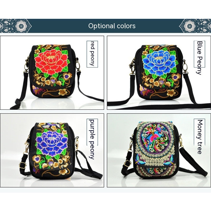[Embroidered Crossbody] Lightweight Crossbody Bag | Women's Embroidered Mini Shoulder Bag with Detachable Strap - Floral Geometric Embroidery Design, Zipper Closure, Compact, Polyester Lined Interior (Navy/Purple/Red/Black)