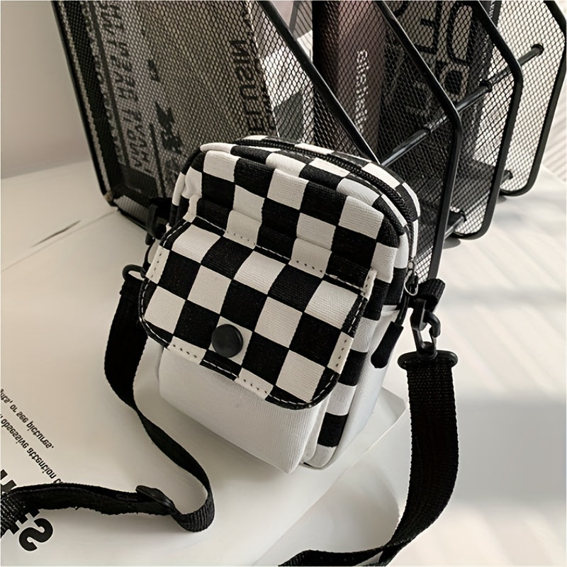 Mini Checkered Canvas Crossbody Shoulder Bag - Spacious Pocket Front, Square Shape, Stylish Phone and Key Holder - Perfect for Daily Use, Travel, and Outdoor Activities