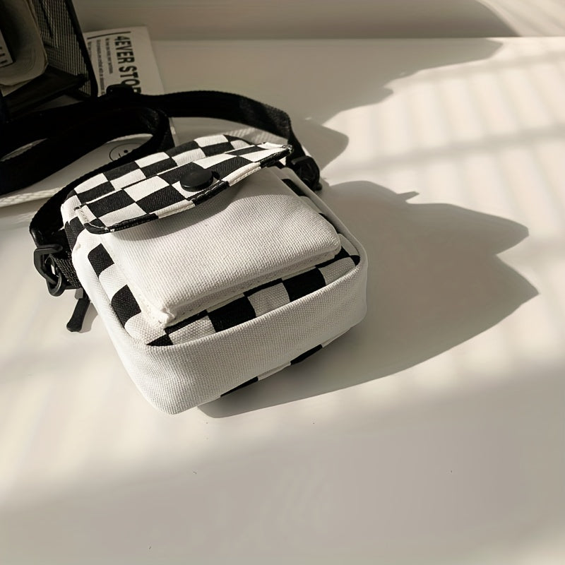 Mini Checkered Canvas Crossbody Shoulder Bag - Spacious Pocket Front, Square Shape, Stylish Phone and Key Holder - Perfect for Daily Use, Travel, and Outdoor Activities