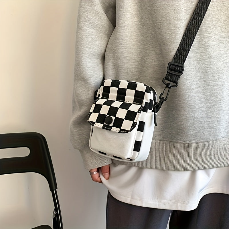 Mini Checkered Canvas Crossbody Shoulder Bag - Spacious Pocket Front, Square Shape, Stylish Phone and Key Holder - Perfect for Daily Use, Travel, and Outdoor Activities