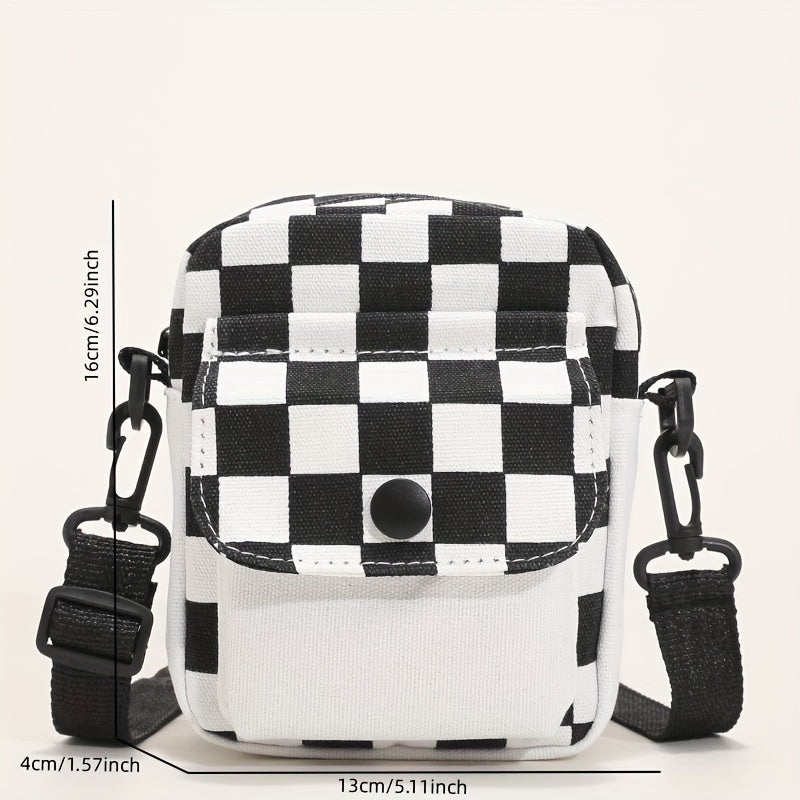 Mini Checkered Canvas Crossbody Shoulder Bag - Spacious Pocket Front, Square Shape, Stylish Phone and Key Holder - Perfect for Daily Use, Travel, and Outdoor Activities