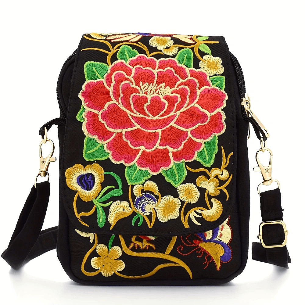 [Embroidered Crossbody] Lightweight Crossbody Bag | Women's Embroidered Mini Shoulder Bag with Detachable Strap - Floral Geometric Embroidery Design, Zipper Closure, Compact, Polyester Lined Interior (Navy/Purple/Red/Black)