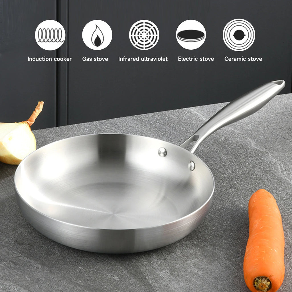 304 Stainless Steel Frying Pan, NonStick Pan Fried Steak Pot Uncoated Kitchen Cookware For Gas Stove and Induction Cooker