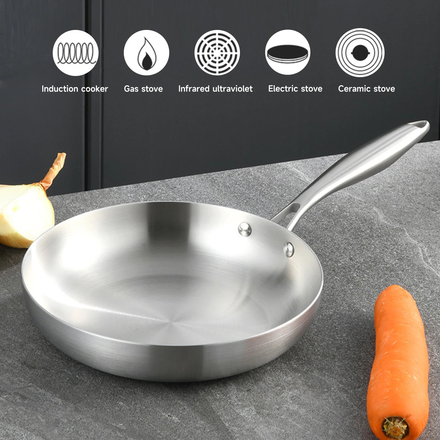 304 Stainless Steel Frying Pan, NonStick Pan Fried Steak Pot Uncoated Kitchen Cookware For Gas Stove and Induction Cooker