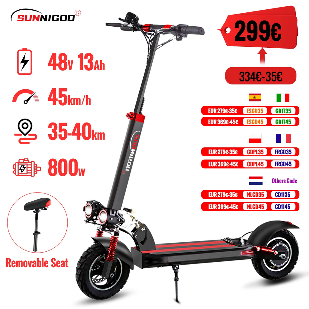 SUNNIGOO Electric Scooter For Adult 10 inch Off-Road 48V Lithium Battery Max Speed 45km/h Removable Seat Foldable E Scooter
