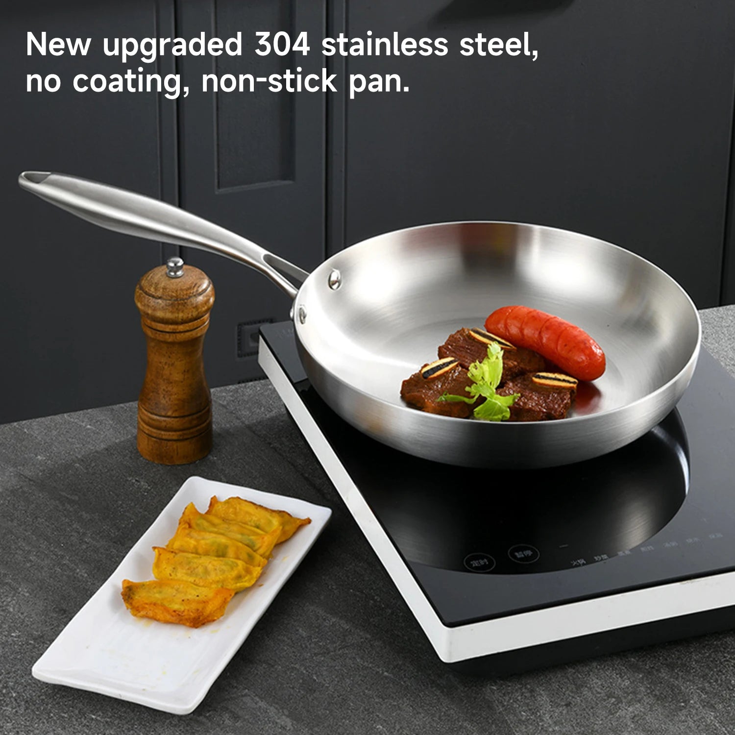 304 Stainless Steel Frying Pan, NonStick Pan Fried Steak Pot Uncoated Kitchen Cookware For Gas Stove and Induction Cooker