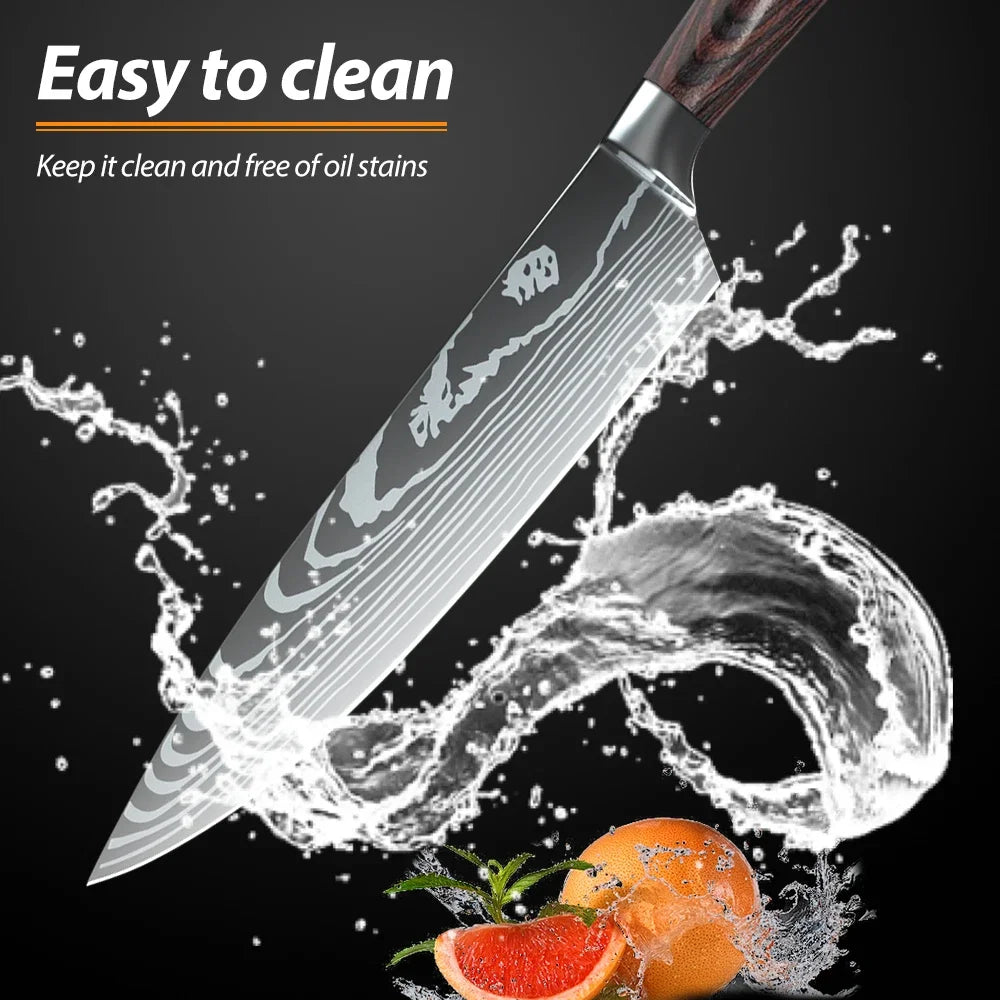 MDHAND Kitchen Knife Set 3-10PCS Professional Chef Knife 7CR17 Germany Stainless Steel Damascus Laser Cleaver Slicing Santoku