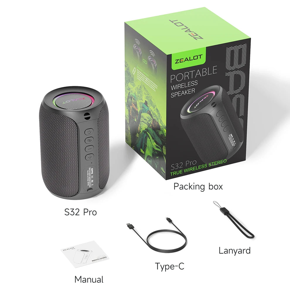 ZEALOT-S32PRO Portable Bluetooth 5.2 Speaker Outdoor Waterproof Wireless TWS Mini Column Box Speaker Outdoor TF Card Boom Box