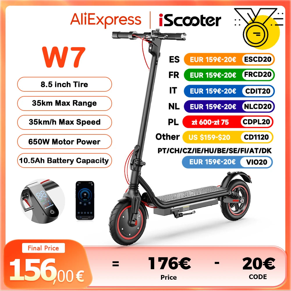 W7 Electric Scooter 8.5" 650W 36V 10.5Ah 25-35km Range Dual Suspension Side Lights App Control 35km/h Speed Electric Scooters