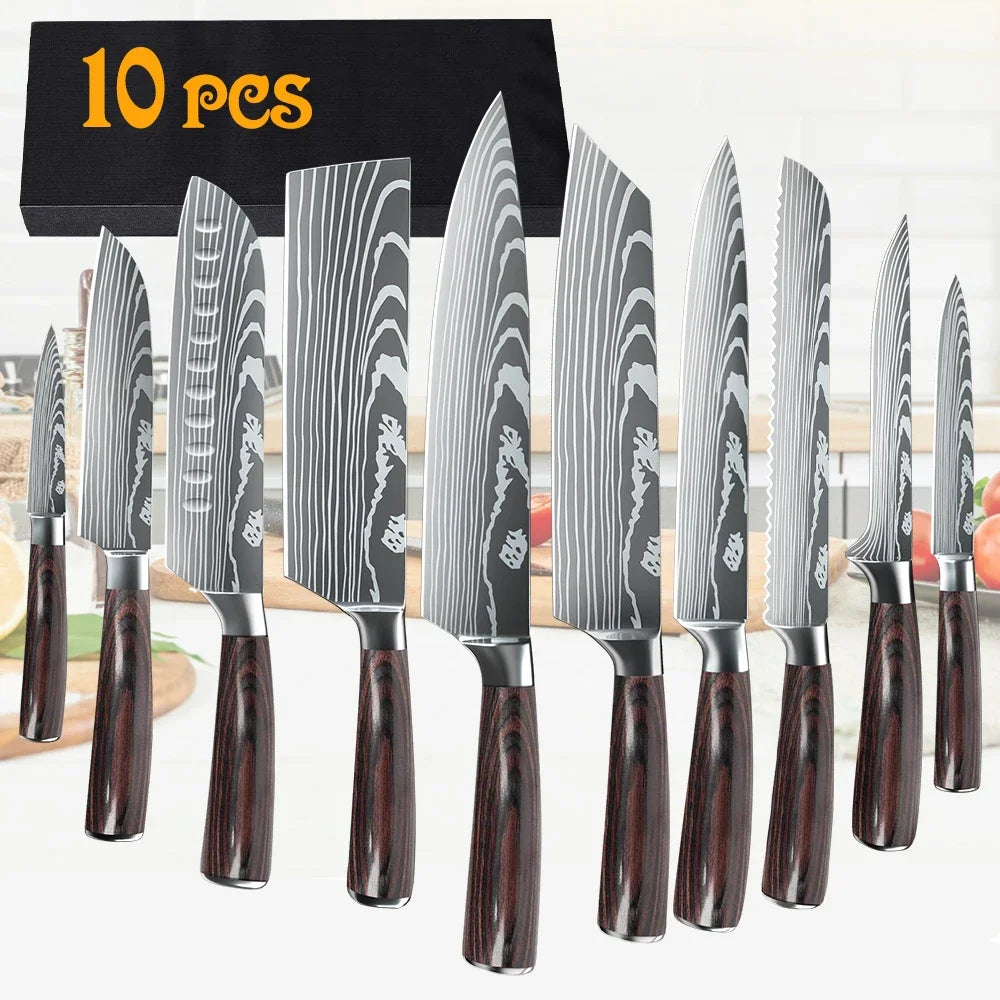 MDHAND Kitchen Knife Set 3-10PCS Professional Chef Knife 7CR17 Germany Stainless Steel Damascus Laser Cleaver Slicing Santoku