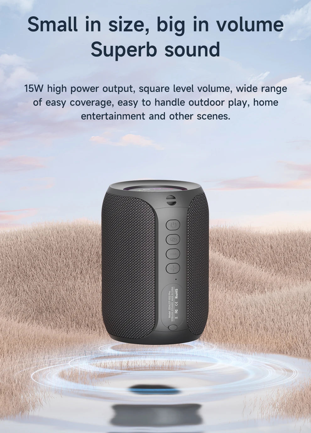 ZEALOT-S32PRO Portable Bluetooth 5.2 Speaker Outdoor Waterproof Wireless TWS Mini Column Box Speaker Outdoor TF Card Boom Box
