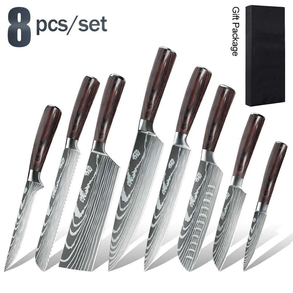 MDHAND Kitchen Knife Set 3-10PCS Professional Chef Knife 7CR17 Germany Stainless Steel Damascus Laser Cleaver Slicing Santoku