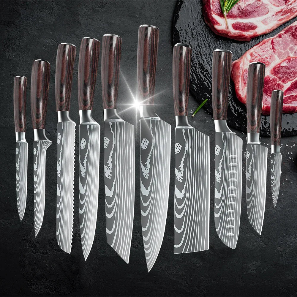 MDHAND Kitchen Knife Set 3-10PCS Professional Chef Knife 7CR17 Germany Stainless Steel Damascus Laser Cleaver Slicing Santoku
