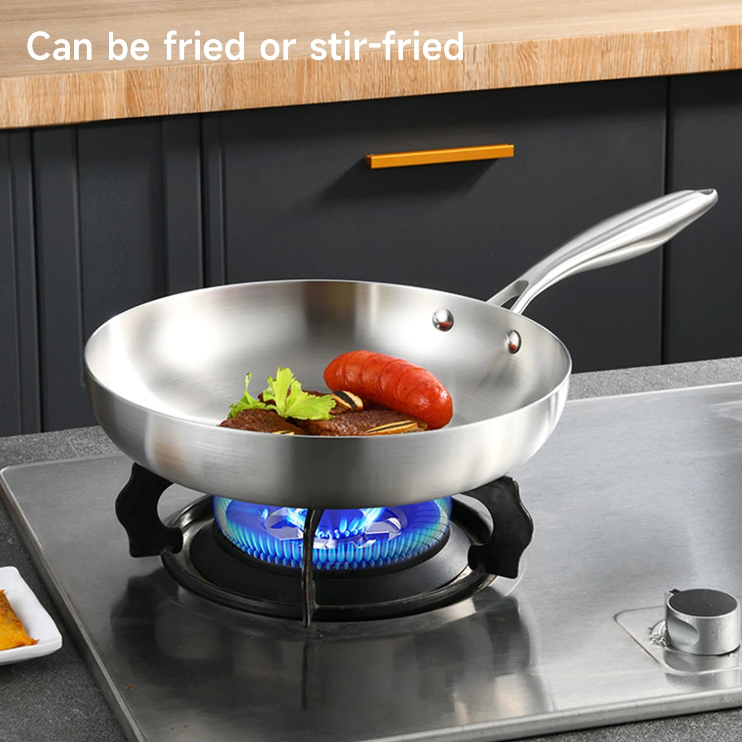 304 Stainless Steel Frying Pan, NonStick Pan Fried Steak Pot Uncoated Kitchen Cookware For Gas Stove and Induction Cooker