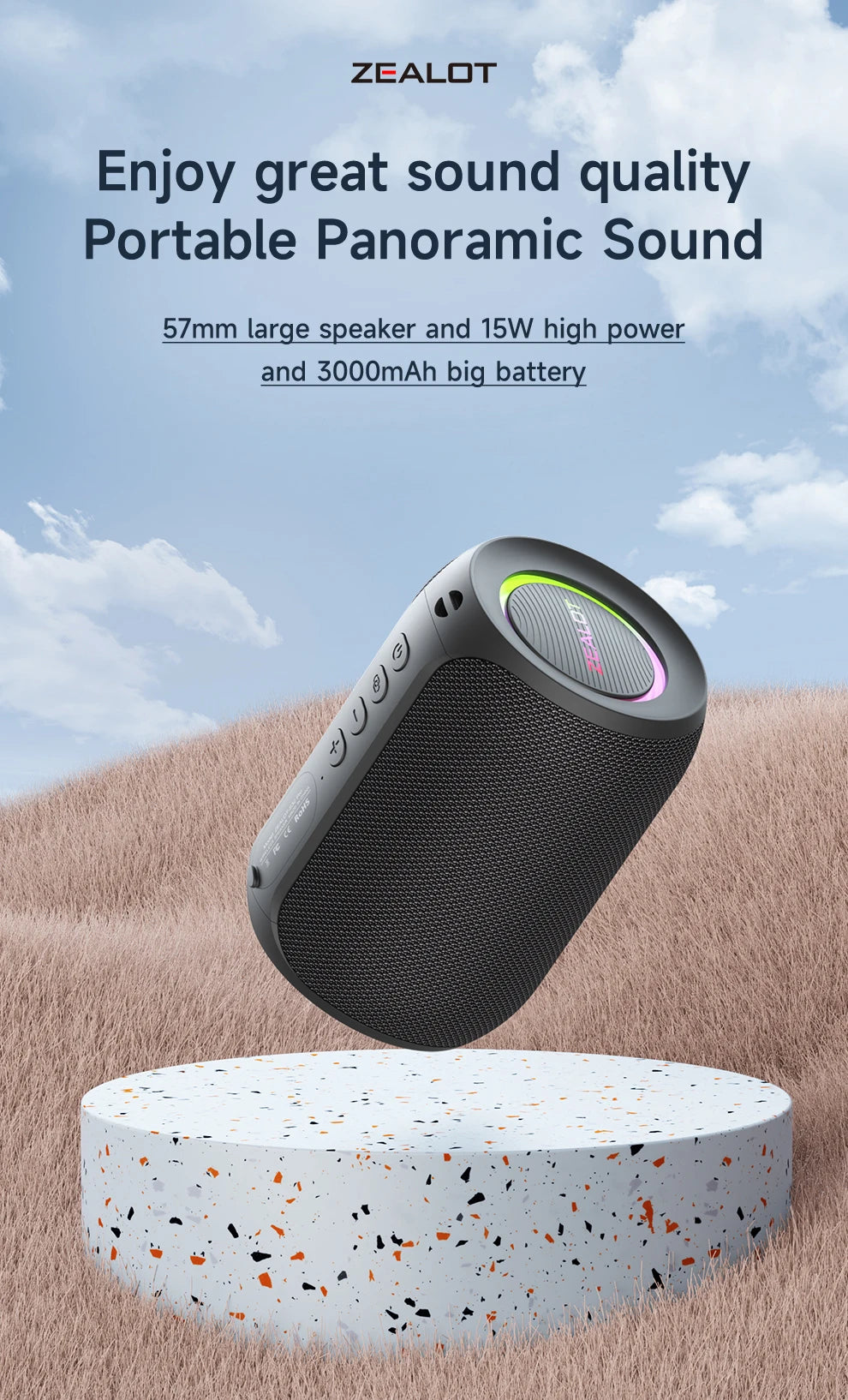 ZEALOT-S32PRO Portable Bluetooth 5.2 Speaker Outdoor Waterproof Wireless TWS Mini Column Box Speaker Outdoor TF Card Boom Box