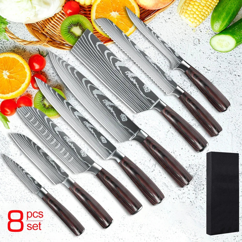 MDHAND Kitchen Knife Set 3-10PCS Professional Chef Knife 7CR17 Germany Stainless Steel Damascus Laser Cleaver Slicing Santoku
