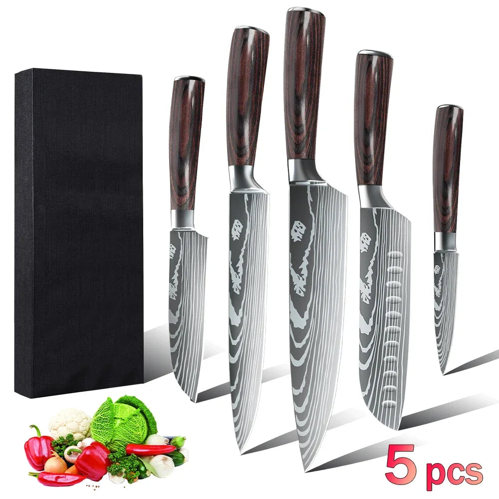 MDHAND Kitchen Knife Set 3-10PCS Professional Chef Knife 7CR17 Germany Stainless Steel Damascus Laser Cleaver Slicing Santoku