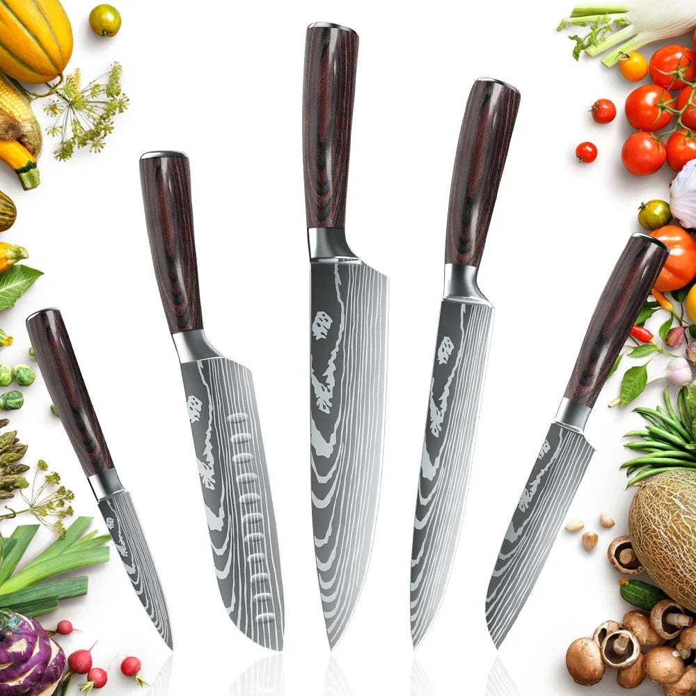 MDHAND Kitchen Knife Set 3-10PCS Professional Chef Knife 7CR17 Germany Stainless Steel Damascus Laser Cleaver Slicing Santoku