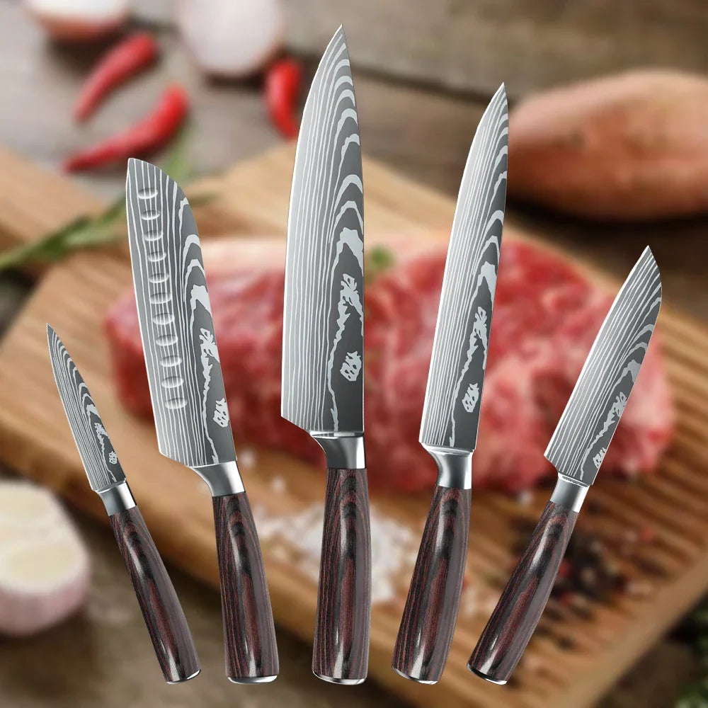 MDHAND Kitchen Knife Set 3-10PCS Professional Chef Knife 7CR17 Germany Stainless Steel Damascus Laser Cleaver Slicing Santoku