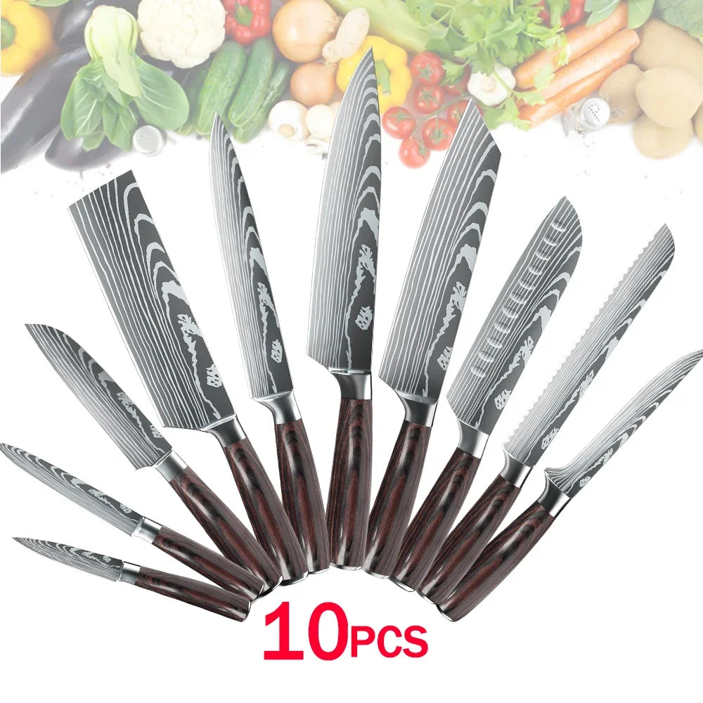 MDHAND Kitchen Knife Set 3-10PCS Professional Chef Knife 7CR17 Germany Stainless Steel Damascus Laser Cleaver Slicing Santoku