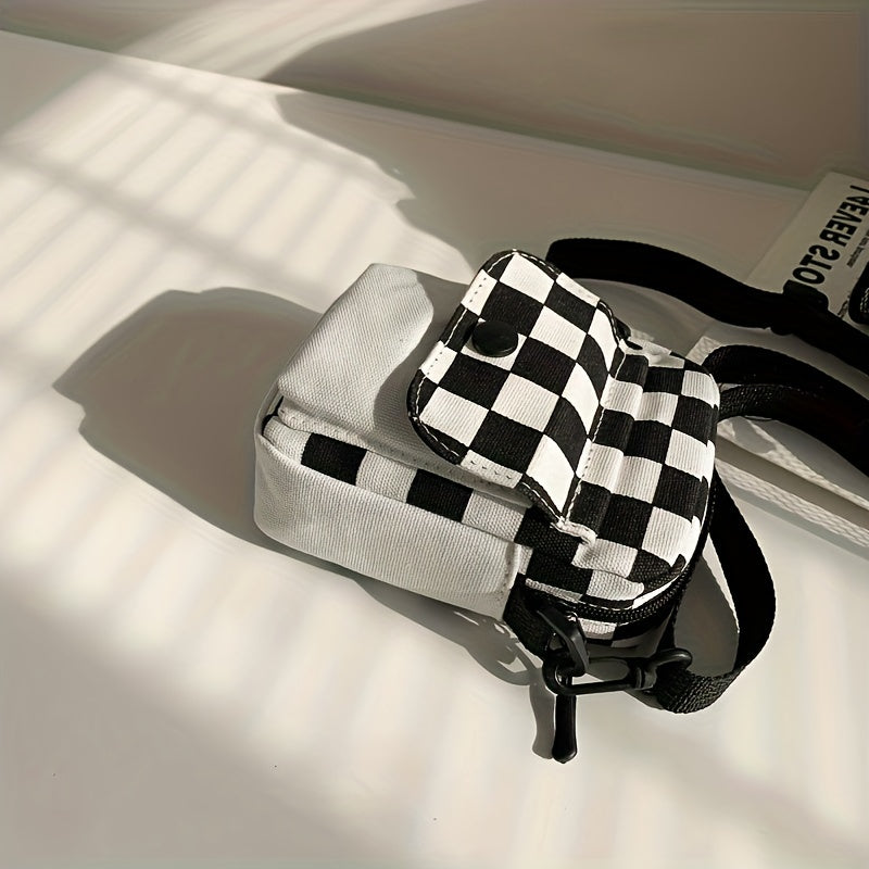 Mini Checkered Canvas Crossbody Shoulder Bag - Spacious Pocket Front, Square Shape, Stylish Phone and Key Holder - Perfect for Daily Use, Travel, and Outdoor Activities