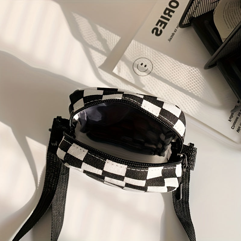 Mini Checkered Canvas Crossbody Shoulder Bag - Spacious Pocket Front, Square Shape, Stylish Phone and Key Holder - Perfect for Daily Use, Travel, and Outdoor Activities